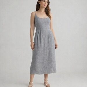 NEW Quince 100% European Linen Scoop Neck Midi Dress Black Gingham Checkered S